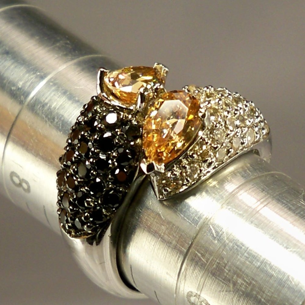 NEW Champagne Teardrop Cut, Black, *Cubic Zirconias Silver Designer Ring